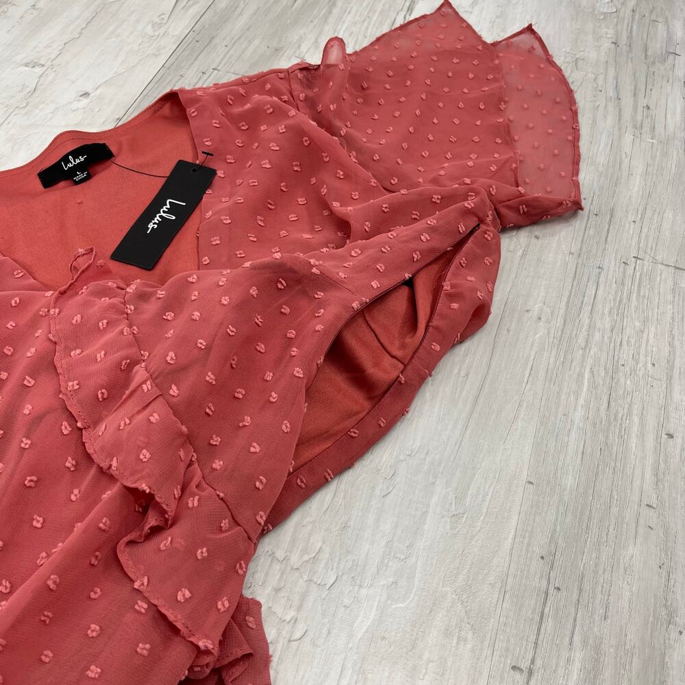 Lulus Next To You Rusty Rose Swiss Dot Ruffled Fairy Cottage Midi Slit Dress - Picture 5 of 11